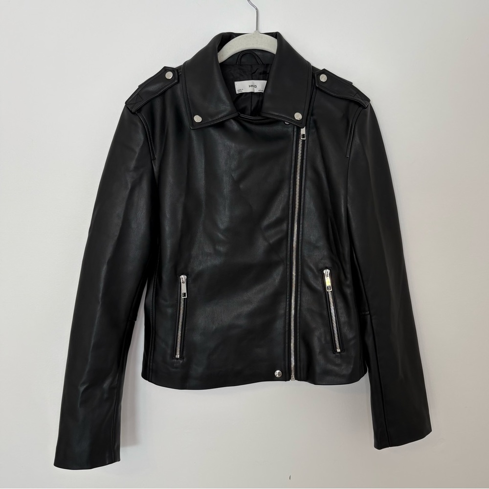 Mango Faux Leather Biker Jacket Medium Black Silver Zippers Biker Boho